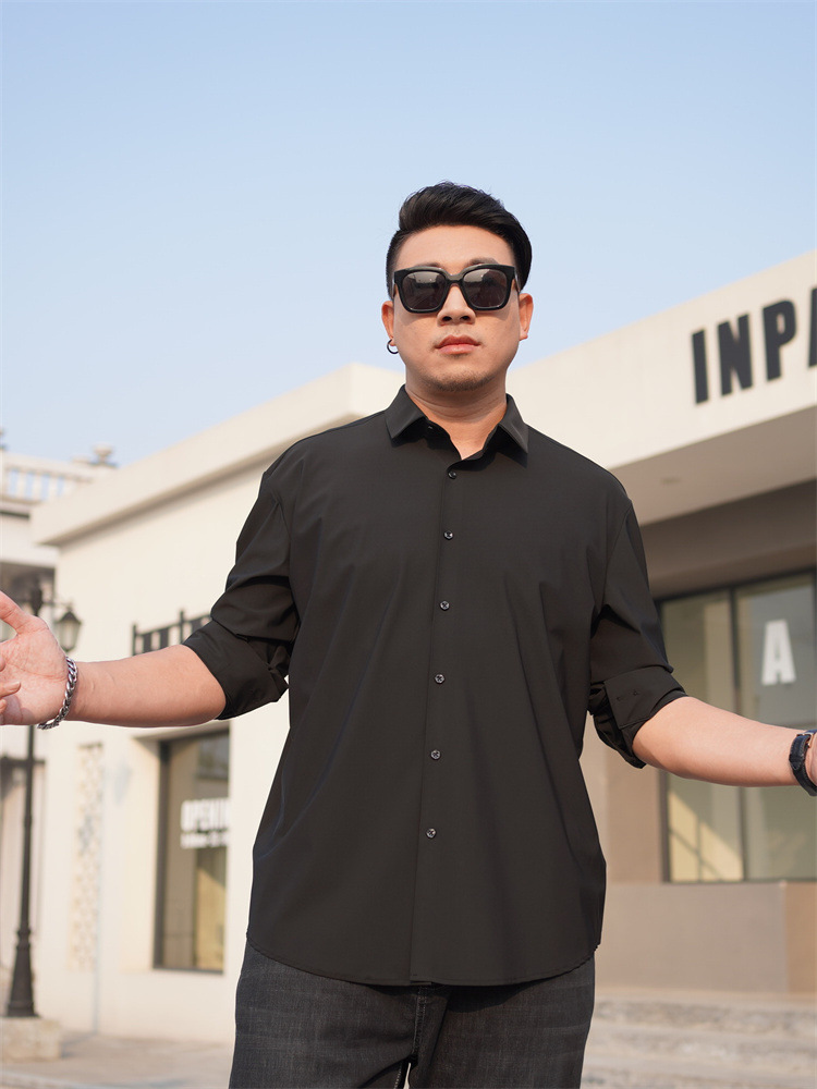 Spring and Autumn New plus size Men's Long-sleeved Shirt Chubby Brother's Non-marking Non-ironing High-elastic Solid Color Casual Shirt Plus Fat Plus Size