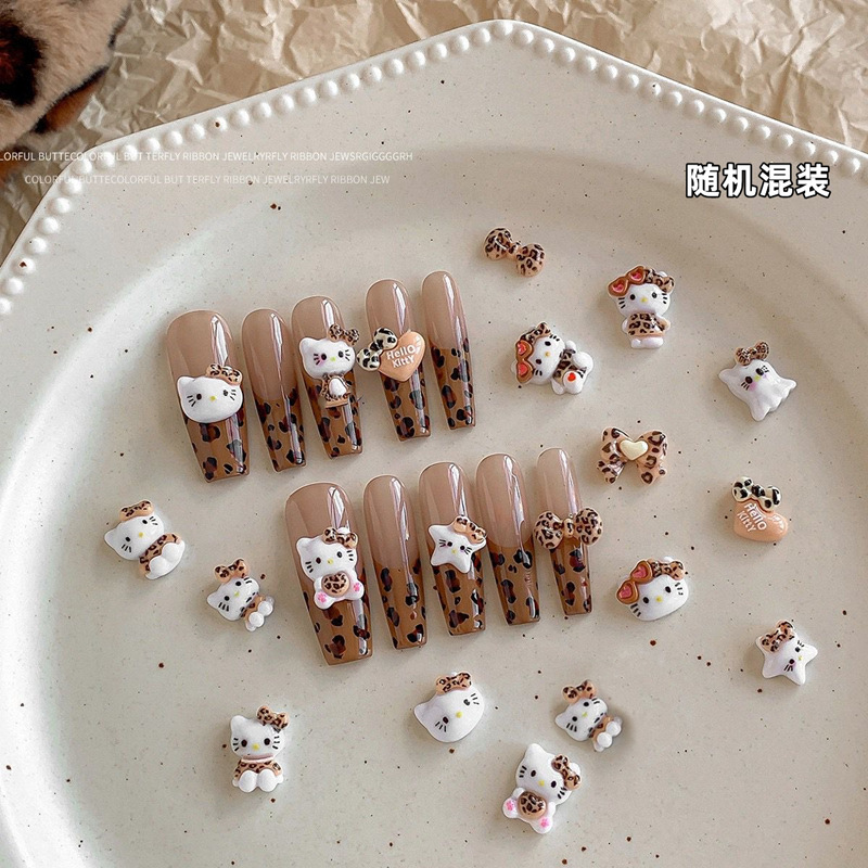 Nail Art Leopard Bow KT Cat Jewelry Maillard Resin Three-dimensional French Cute Cartoon Bow Tie Nail Accessories