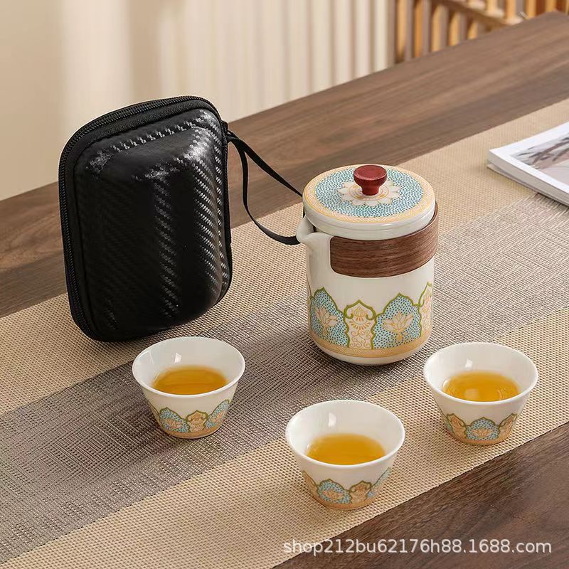 Travel Tea Set Outdoor Portable Ceramic Quick Cup One Pot Four Cups Office Teapot Tea Drinking White Porcelain
