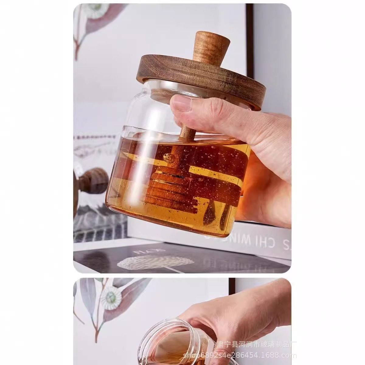 Wooden cover honey jar high-grade wooden stirring rod glass sealed jar factory wholesale transparent honey storage jar
