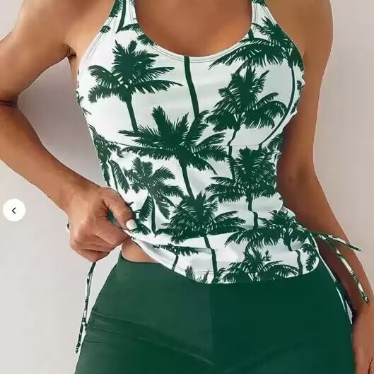 Cross-border New Coconut Tree Printed Drawstring Strap Fashion Conservative Belly Bikini Bikini Split Tankini