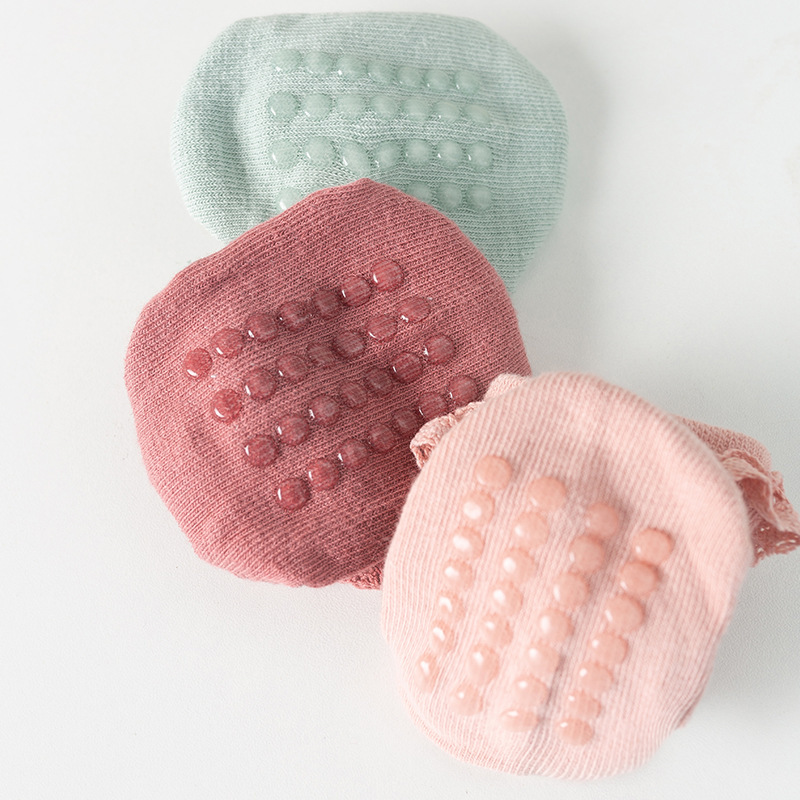 Amazon Children's Non-slip Spring and Autumn Cotton Socks Infants 0-6 Months Girls Solid Color Lace Socks Baby Floor Socks