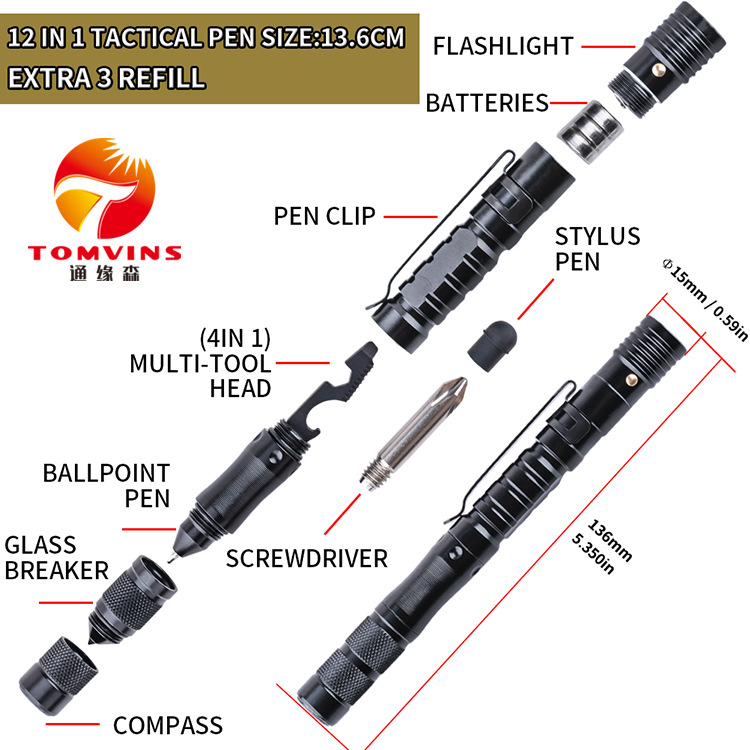 New multi-functional tactical pen self-defense pen whistle flashlight pen lamp outdoor survival tools