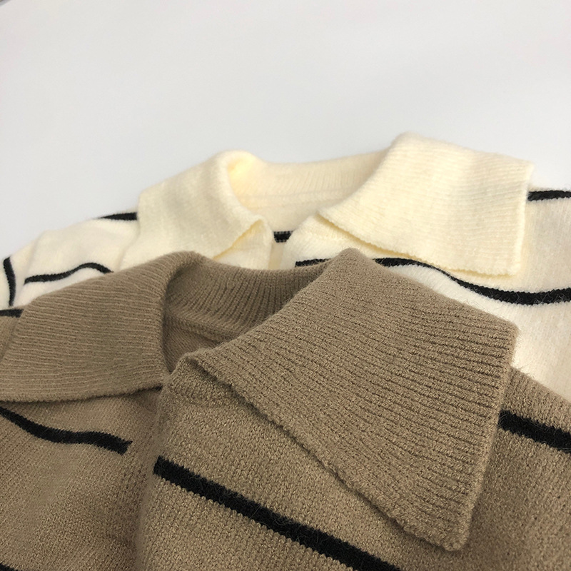 Net Red large lapel V-shaped ~ Korean autumn and winter children's sweater Western style men's and women's baby wool striped knitted bottoming shirt