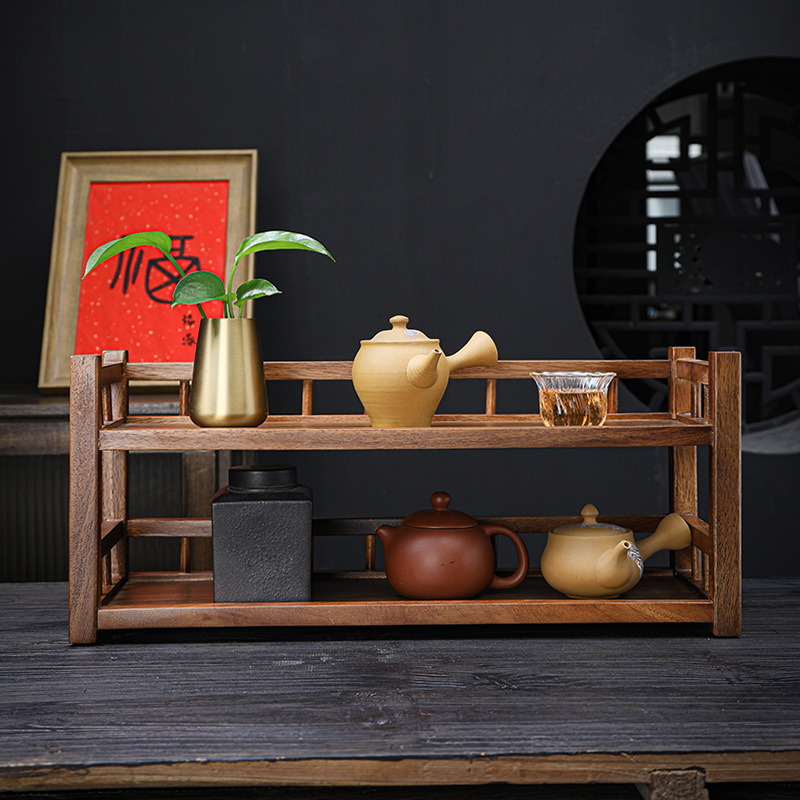 Kung Fu Tea Set Purple Sand Teapot Rack Home Reception Desktop Storage South American Walnut Storage Rack Three-Layer Single Layer