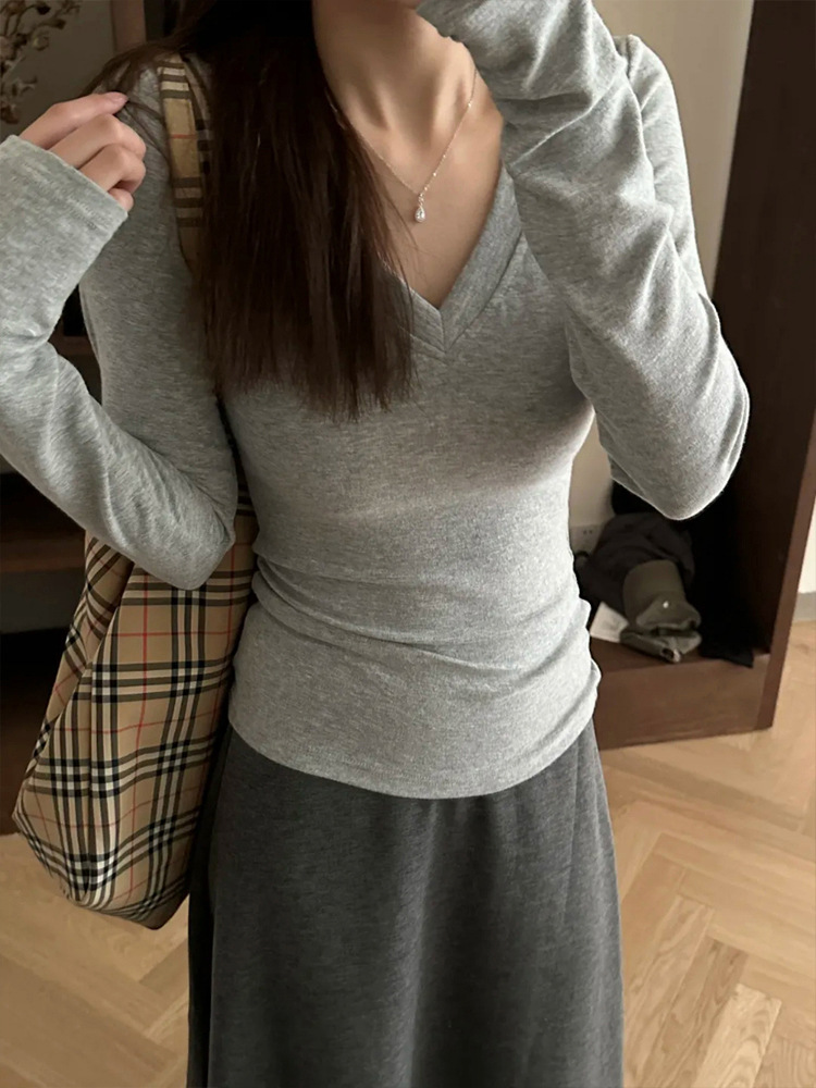 American V Neck German Velvet Sexy T-Shirt Long-Sleeved Top 2025 Autumn and Winter New Style Right Shoulder Slim Warm Inner Layering Shirt