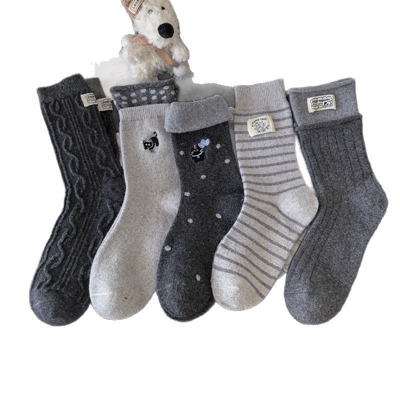 Gray Autumn and Winter New Sheep Wool Embroidered Soft Striped Mid-Calf Socks Korean Polka Dot Socks Women's Slouch Socks