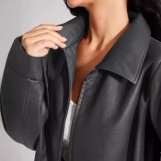 Women's autumn oversized jacket, leather artificial motorcycle plus size motorcycle coat