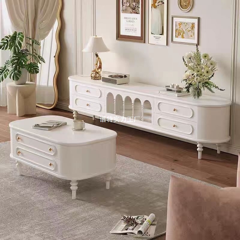 French Style Solid Wood TV Cabinet Living Room Household Cream Style TV Cabinet Locker Integrated American Style Retro White Cabinet