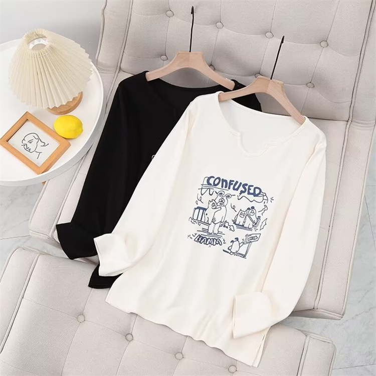 Футболка для полных девушек, универсальная, длинный рукав, новая осенняя, повседневная, с мультяшным принтом, щетинистая 186
