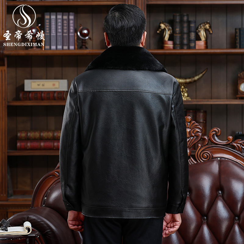 2025 Winter New Style Leather Jacket for Middle-Aged and Elderly Men, Fleece-Lined and Thickened, Men's Clothing with Oversized Fur Collar, Warm Leather Coat