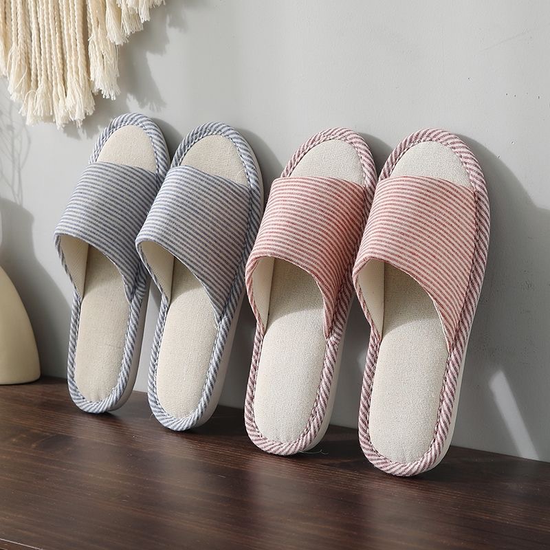 Four Seasons Linen Pinstripe Slippers Women's Home Indoor Floor Non-Slip Men's Pvc Home Couple Pastoral Manufacturer