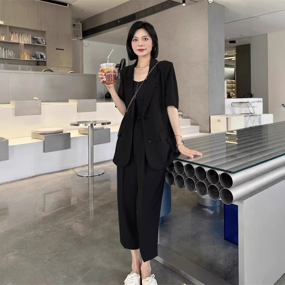 2649 plus size women's suit jacket women's Korean style chubby girl Summer new thin casual cropped pants suit commuter