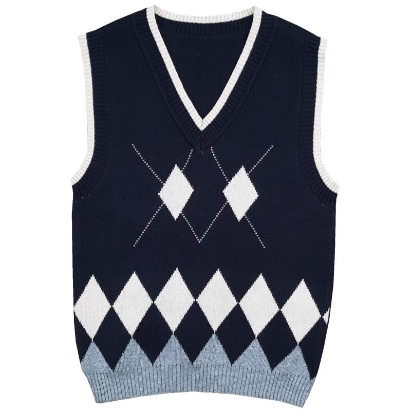 Primary and Middle School Students V-Neck Knitted Vest British College Style School Uniform Sweater for Boys and Girls Diamond Vest Shoulder Waistcoat Class Clothes