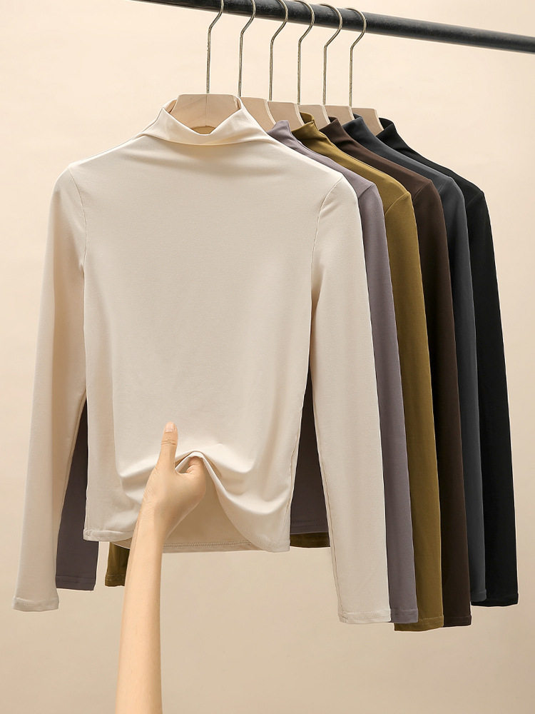 H528 Half-high Collar Mask Shirt Women's Inner Wear Autumn and Winter Sanding Base Shirt Slim-fit Warm Outer Wear Long-sleeved T-shirt Top