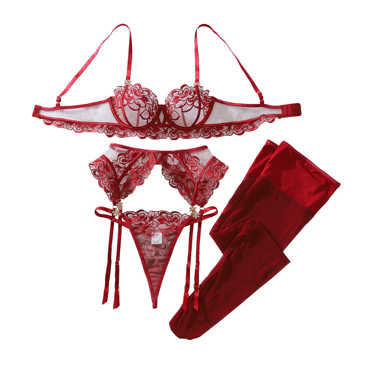 European and American Cross-Border 2025 Popular Floral Embroidery See-Through Push-Up Body-Shaping Thin Sexy Underwear Split Set Wholesale