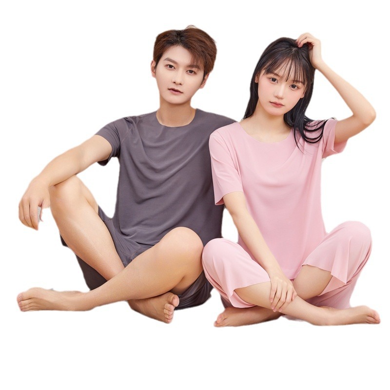 Spring and summer ice silk couple pajamas suit men's seamless loose plus size home clothes women's pajamas wholesale generation