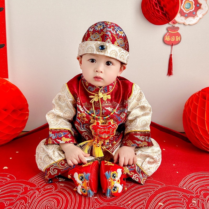 25 Spring and Autumn New One-Year Old Dress for Boys and Babies Chinese Festive Birthday Banquet One Hundred Days of Catching Weekly Dress Children's Tang Suit Crown Dress