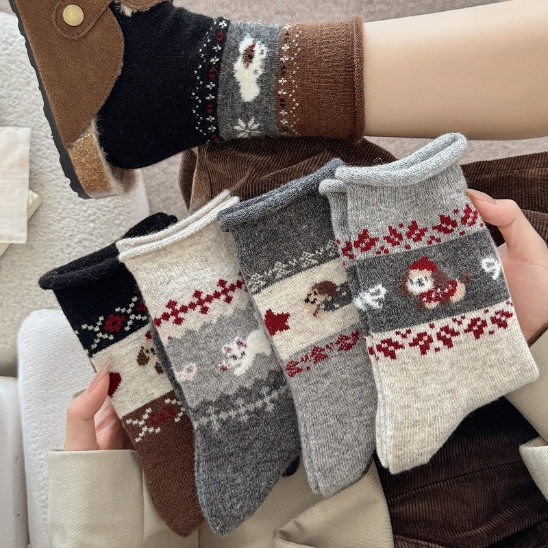 Носки из шерсти с рисунком Fair Isle для женщин, утолщенные теплые носки с флоком в японском ретро стиле с изображением щенка