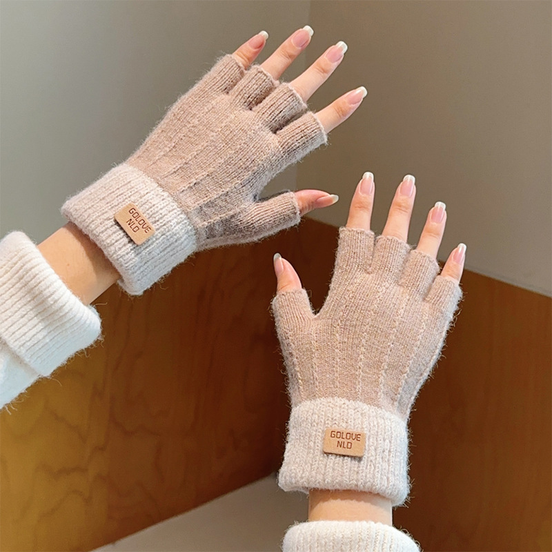 Winter Student Half-Finger Gloves Wool Knitted fleece-lined Touch Screen Writing Non-Slip Open-Finger Warm Gloves for Cycling