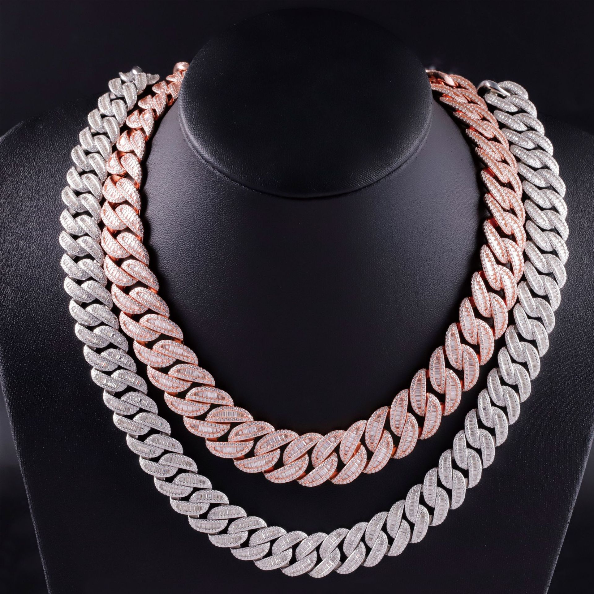 Hip-hop style S925 silver set ladder square Mosan diamond crescent-shaped Cuban chain necklace European and American trend fashion necklace