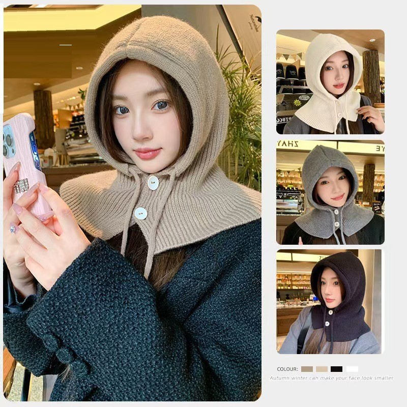 Korean Balaclava Hat Women's Winter Warm Hat Scarf Integrated Couple Style Ear Protection Woolen Knitted Hat