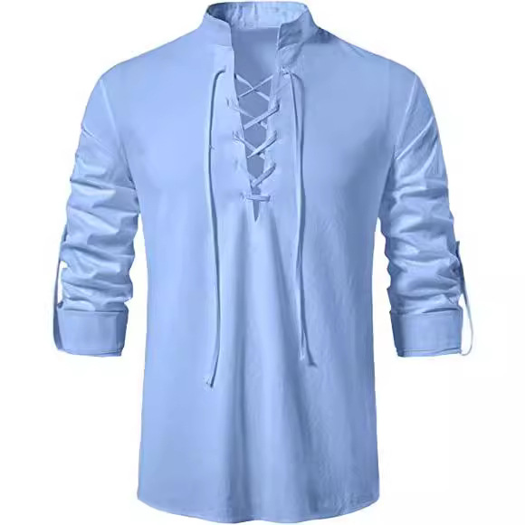 Spring and summer 2022 new cross-border Amazon men's cotton and linen Henry shirt foreign trade European size long sleeve casual stand collar shirt