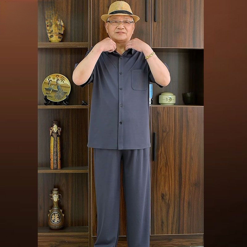 Middle-Aged and Elderly Men's Ice Silk Short-Sleeved Shirt Suit Summer Thin Shirt Dad Grandpa Elderly Loose Shirt