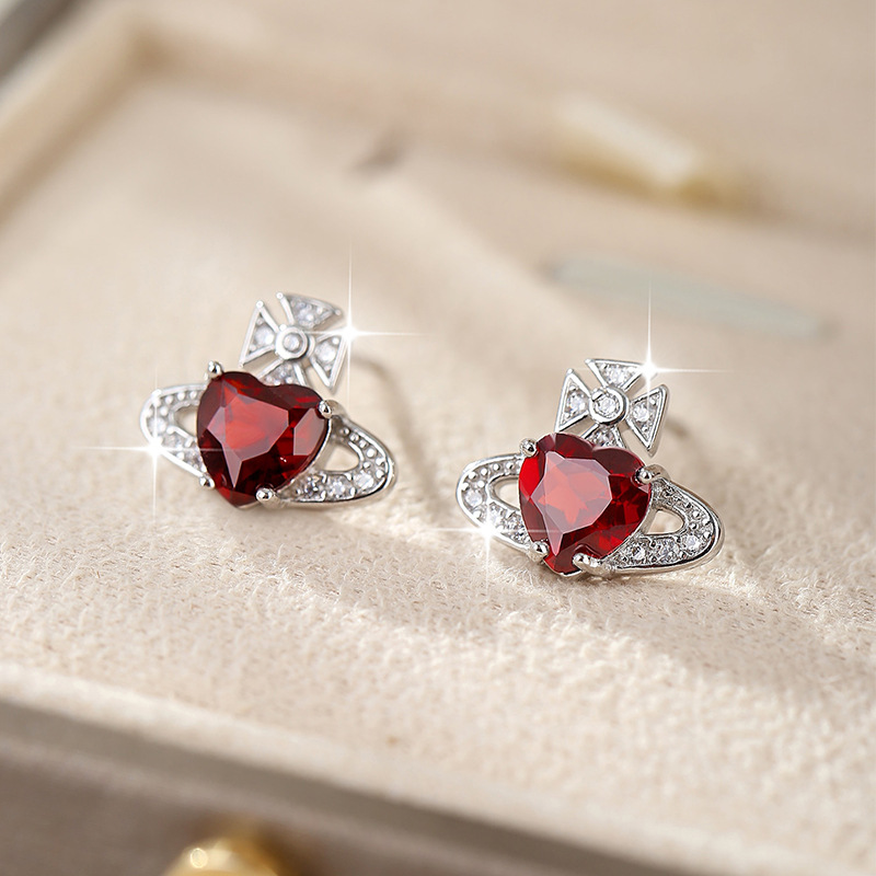 Empress Crystal Earrings Full of Diamonds Heart-Shaped Natural Stone Saturn High-End Design S925 Sterling Silver Niche Earrings for Women