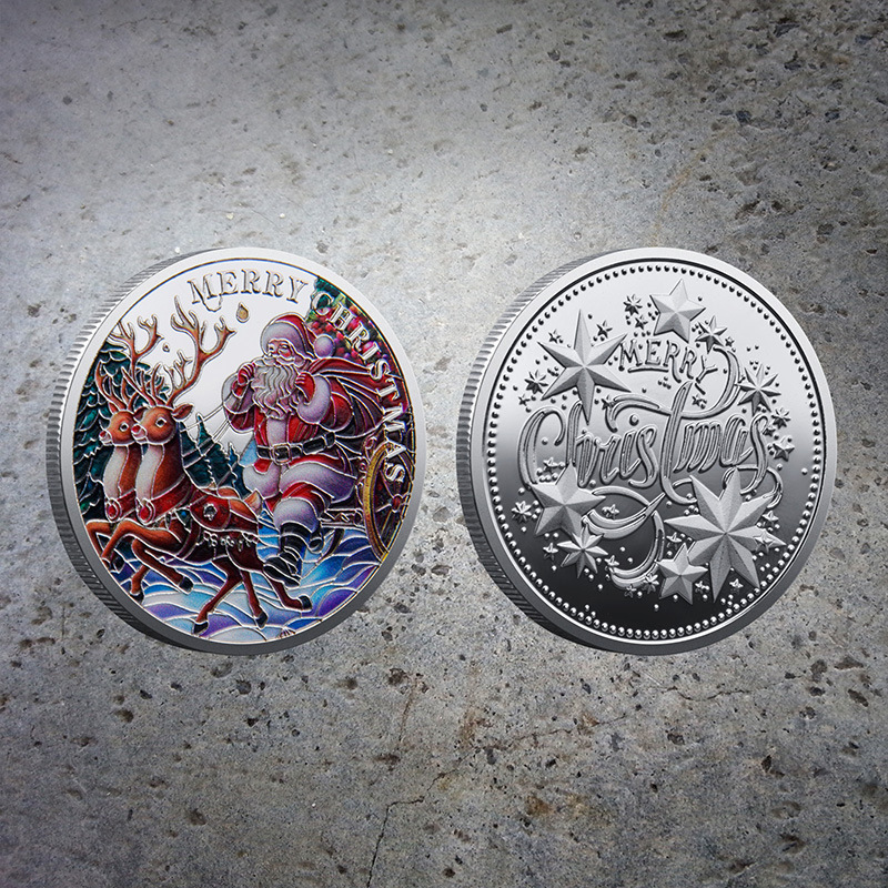 Foreign Trade Christmas Commemorative Medal European and American Santa Claus Sleigh Auspicious Deer Colorful Commemorative Gold Coin Decision-Making Game Coin