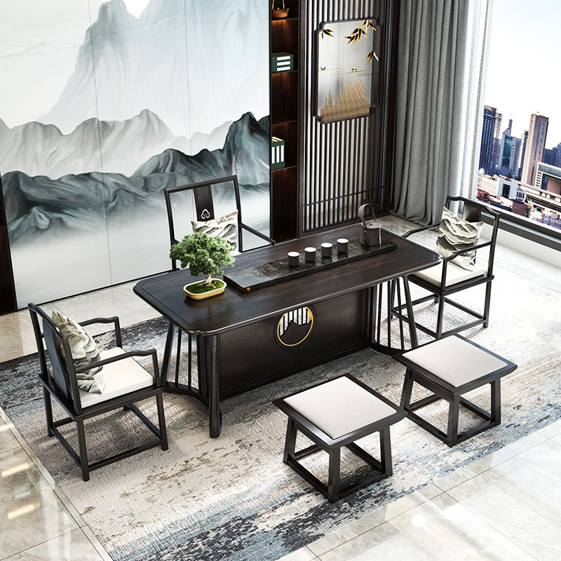 New Chinese Style Tea Table Solid Wood Combination Ash Villa Hotel Wood Office Boss Table Light Luxury Small Apartment Furniture