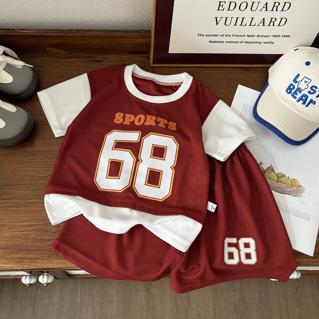 Summer Children's Short-sleeved Shorts suit Boys Casual Sports suit Boys Loose Jersey Fake Two-piece Set