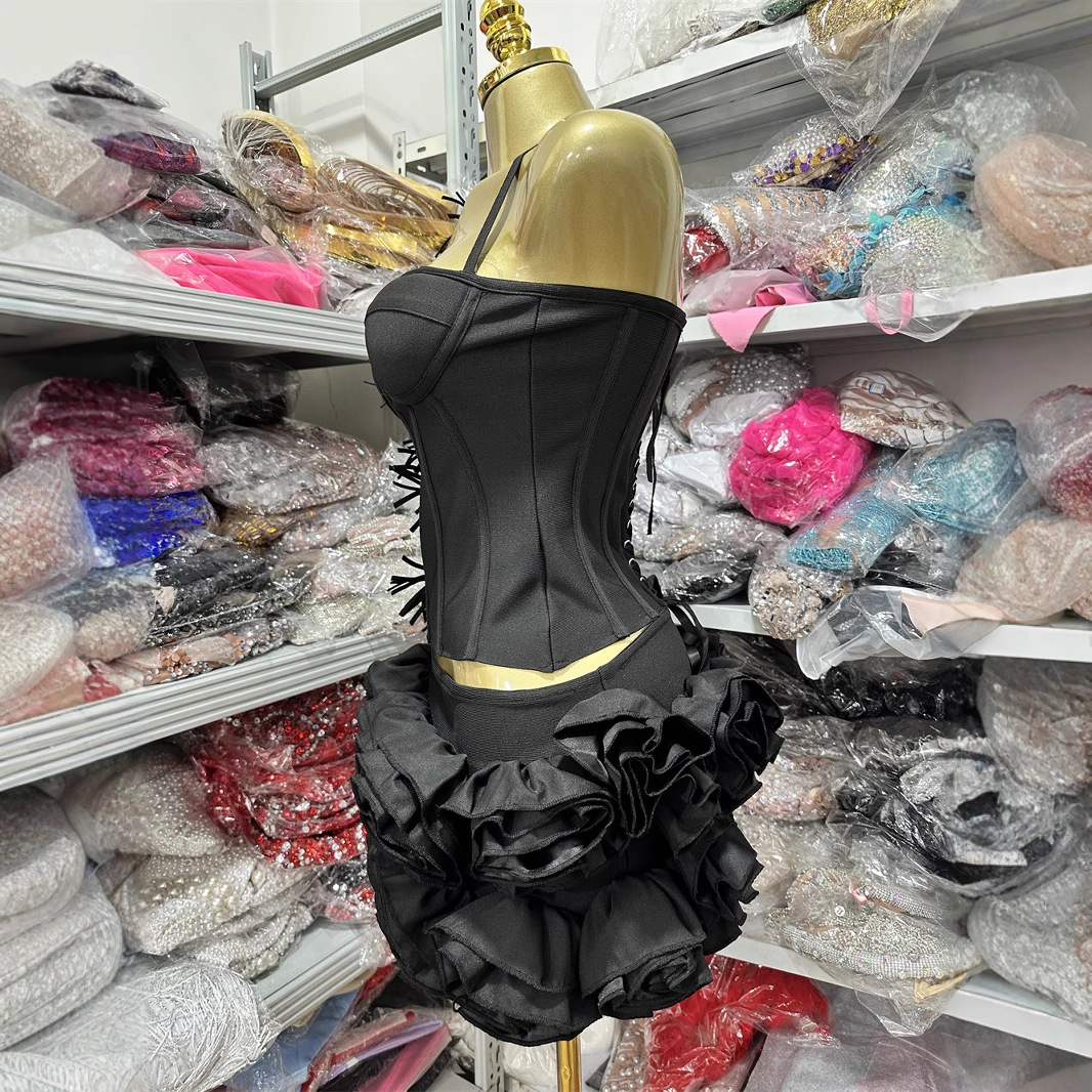 European and American Solid Color Three-Dimensional Floral Bud Skirt Sexy Tie Halter Neck Tube Top Party Evening Bandage Set