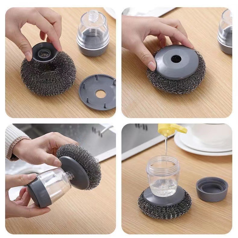 Household Sponge Scrubbing Pot Brush Automatic Dishwashing Pot Long Handle Liquid Kitchen Steel Wire Cleaning Ball