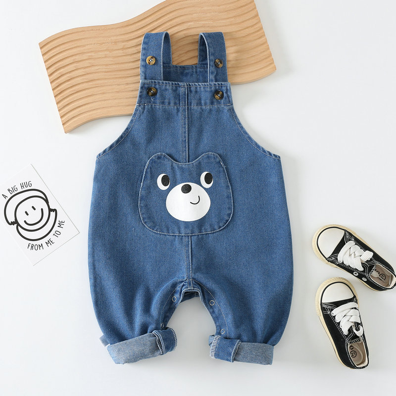 Baby's Soft Denim Strap Sleeveless Kid Sleeveless Cartoon Spring and Autumn Trousers for Boys and Girls Baby Climbing Clothes