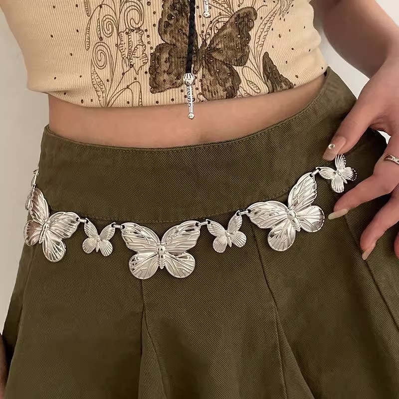 Bohemian Retro Silver Metal Butterfly Waist Chain Women's Niche High-End Belt Accessories Ethnic Style with Skirt