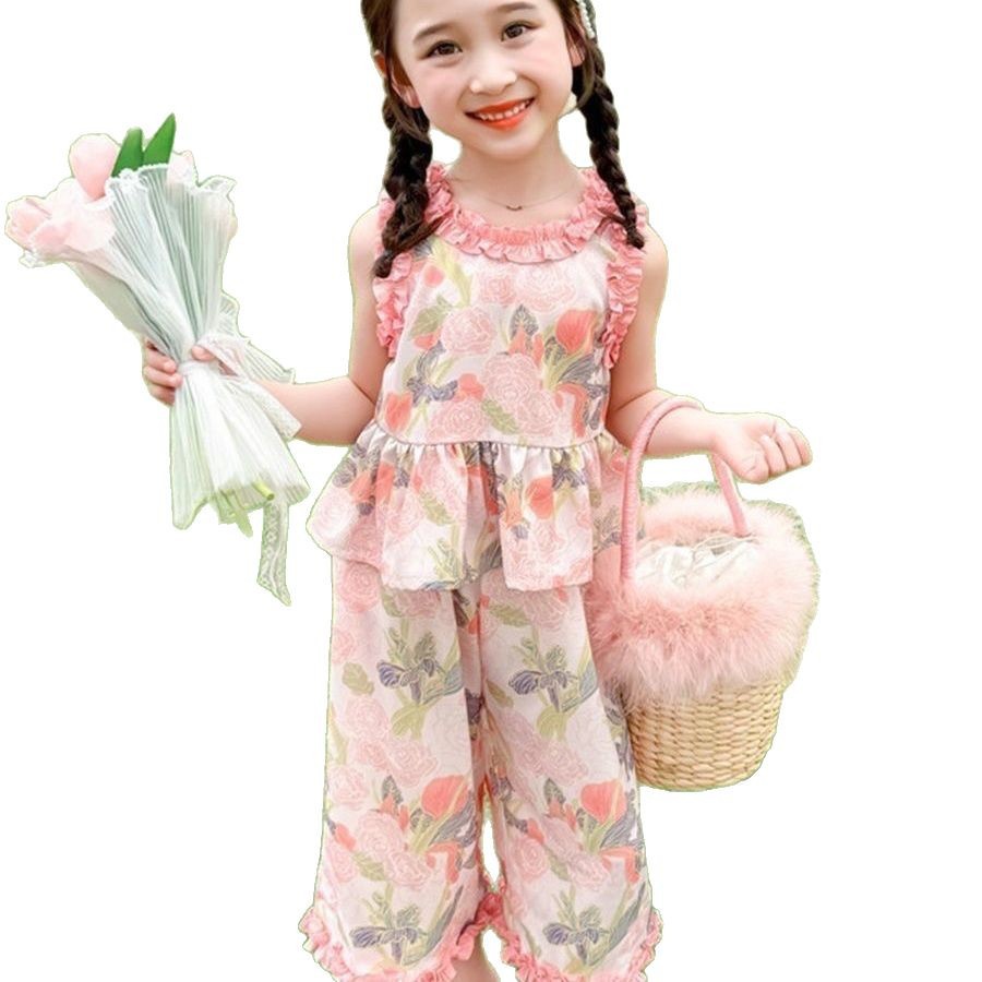 Girls' Floral Lightweight Outfit 2025 Baby Summer Vest and Wide-Leg Pants Two-Piece Set Children's Fashionable Summer Clothing for Toddlers