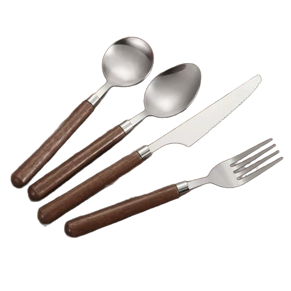 Solid Wood Handle Stainless Steel Retro Wood Grain Spoon Sanded Tableware Steak Knife Fork Spoon Four-Piece Set Thickened