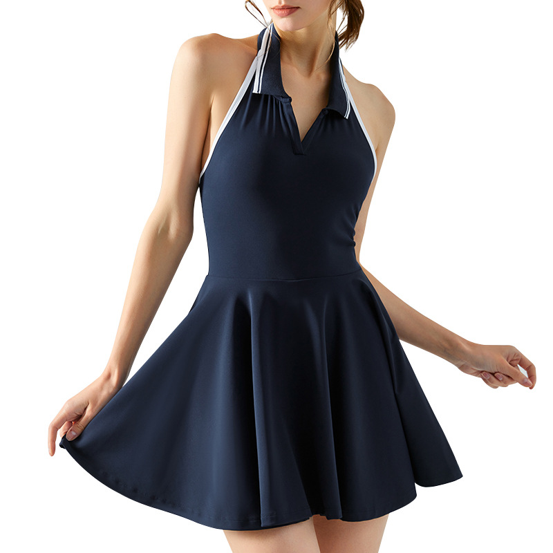 New Style Halterneck Contrasting Color Lapel Sports One-Piece Dress for Women with Chest Pads, Fitness and Beautiful Back, Anti-Exposure Tennis Dress