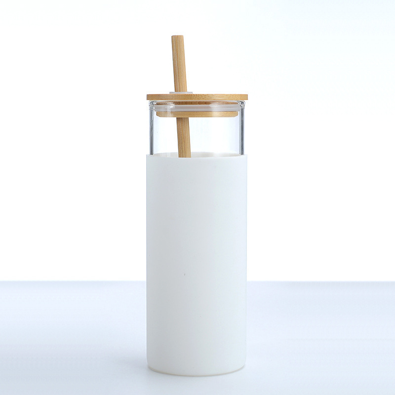 Amazon Borosilicate Glass Bamboo Lid Suction Tube Cup Water Cup High Color Value Coffee Cup with Silicone Heat Insulation Cover Logo Printing