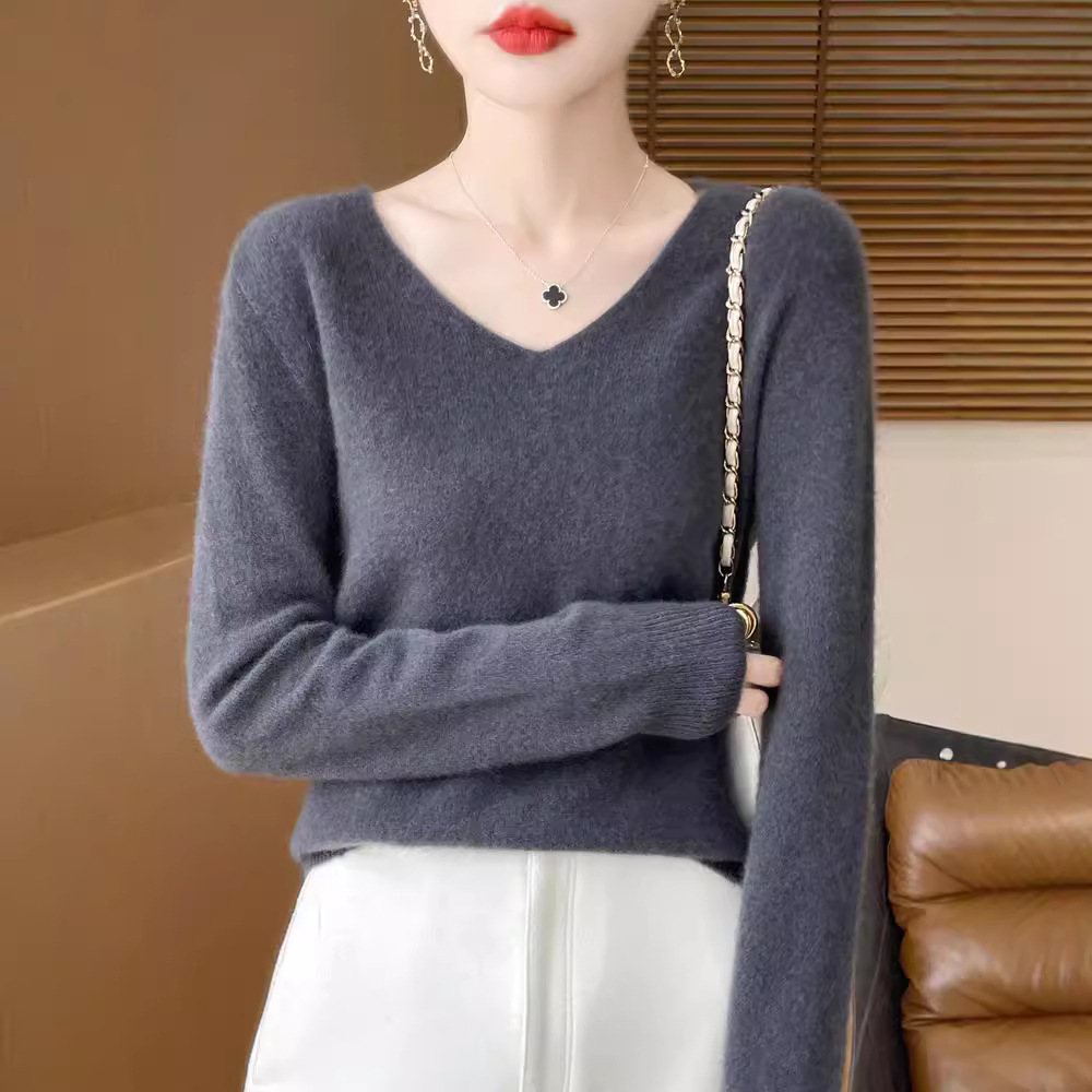 Factory Wholesale Wool Sweater for Women 100 Wool First-Line Ready-To-Wear V Neck Soft Waxy Knitted Top Outer Wear Slimming Look Bottoming Shirt