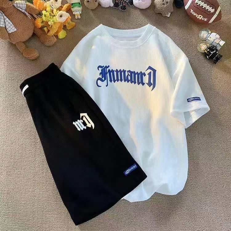 Cross-border waffle casual suit men's summer ice silk short sleeve T-shirt men's suit with sports clothes wholesale