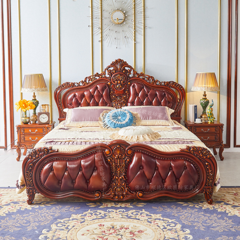 Двуспальная кровать из кожи в европейском стиле, свадебная, для спальни, кожаная, королева, прикроватная тумбочка из массива дерева, четырехдверный шкаф, пуф для кровати