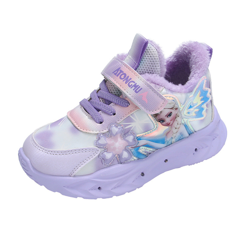 Girls Princess Aisha with Light sneaker Autumn and Winter New Leather Breathable fleece-lined Comfortable Student Running Shoes