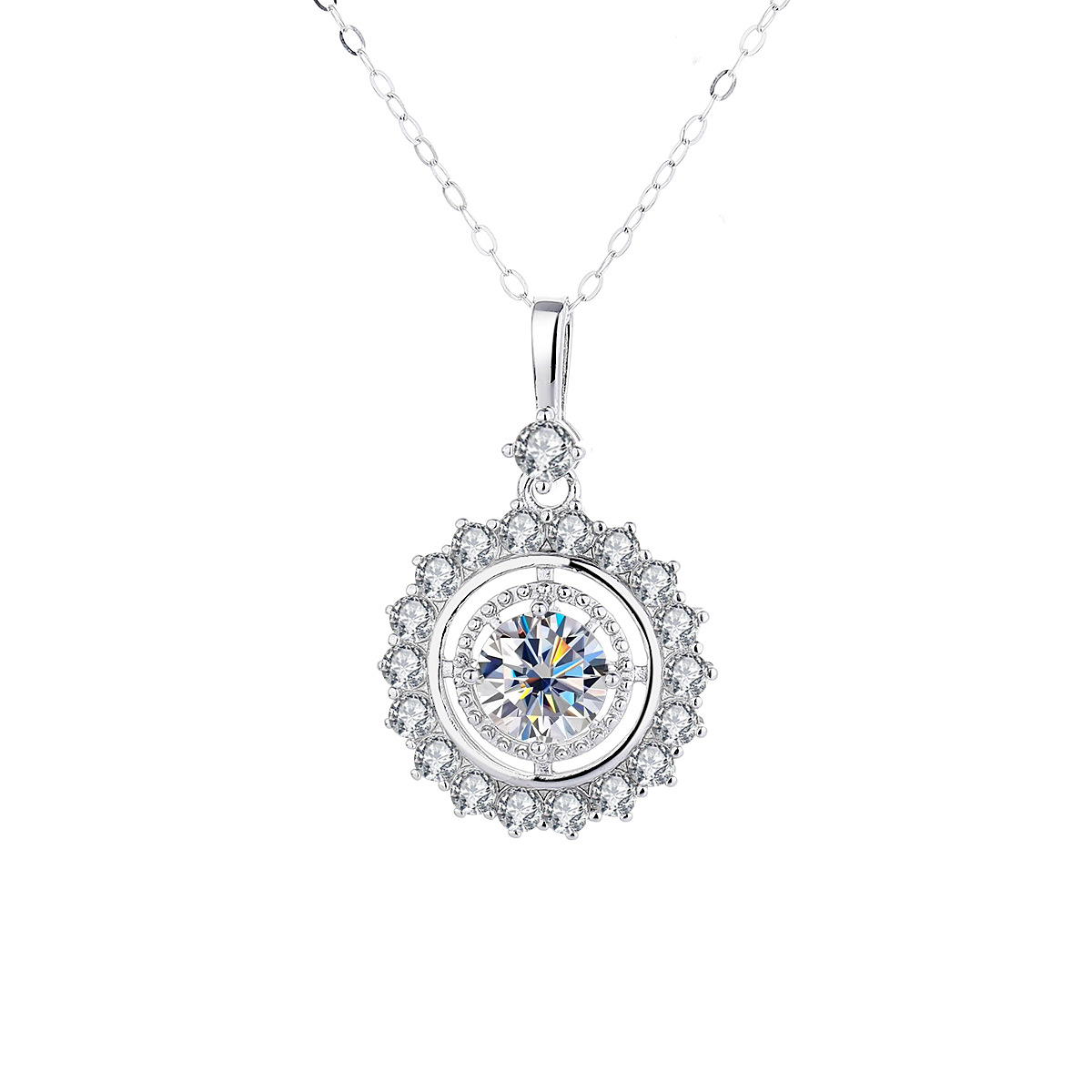 Amazon Cross-border Hot Sale S925 Sterling Silver Disc Moissanite Necklace European and American Light Luxury Sunflower Pendant Clavicle Chain