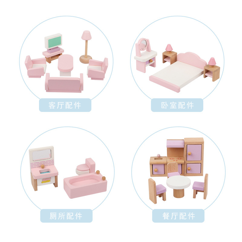 Wooden pink princess doll house simulation Castle small Villa children play house cabin girl gift toy