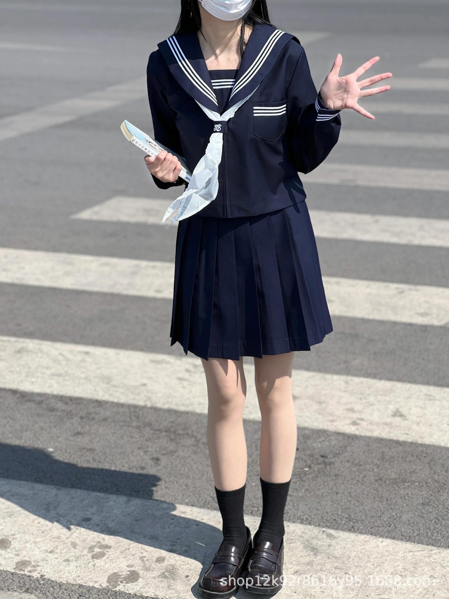 Improved Cyan Three Basic Jk Uniform suit College Style Class Suit Navy Style School for Long Sleeve Sailor Suit in stock