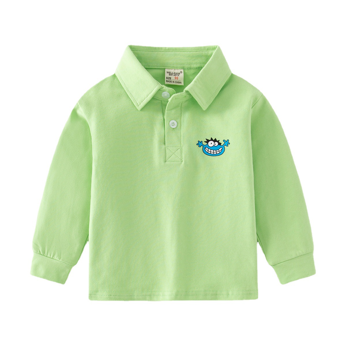 Handsome Boys' Autum Warm Long-Sleeved Polo Shirt, Two-Button Fashionable Stand-Up Collar Small Animal Cartoon Print Shirt