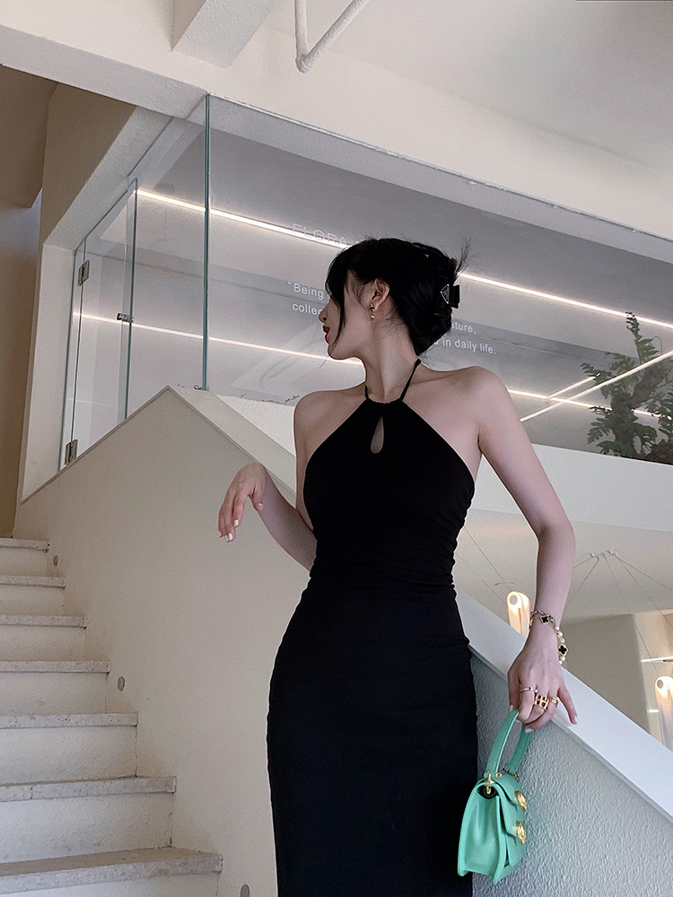 618# black neck sexy off-the-shoulder dress slim waist hip long dress black skirt