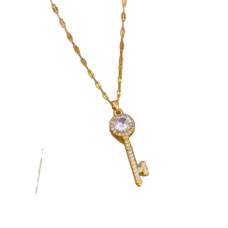 [Titanium Steel] Zircon Key Light Luxury Gorgeous Full Diamond Necklace Female Internet Celebrity Easiest for Match Clavicle Chain Titanium Steel Chain